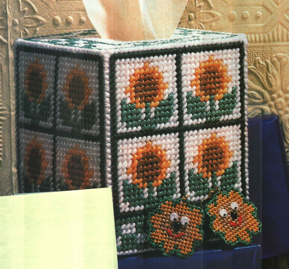 SUNFLOWER SURPRISE TISSUE COVER & EARRINGS PLASTIC CANVAS PATTERN INSTRUCTIONS