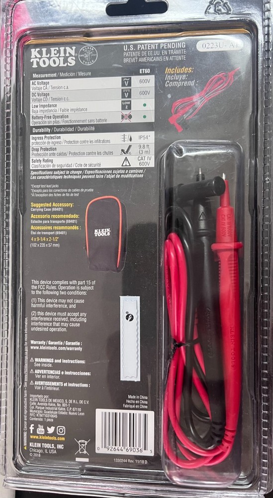 Klein Tools Electronic AC/DC Voltage Tester ET60 600V 0365