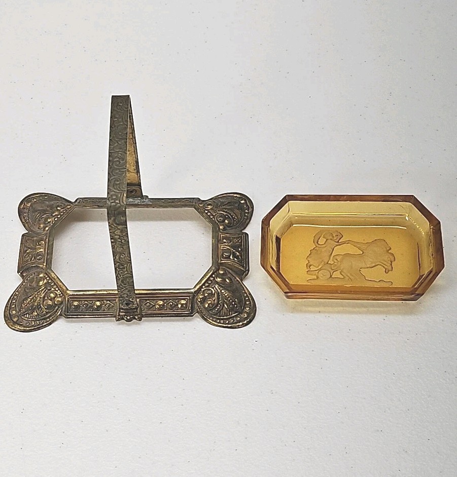 Antique Czech Amber Glass Salt Cellar Intaglio Design Ornate Brass Holder RARE