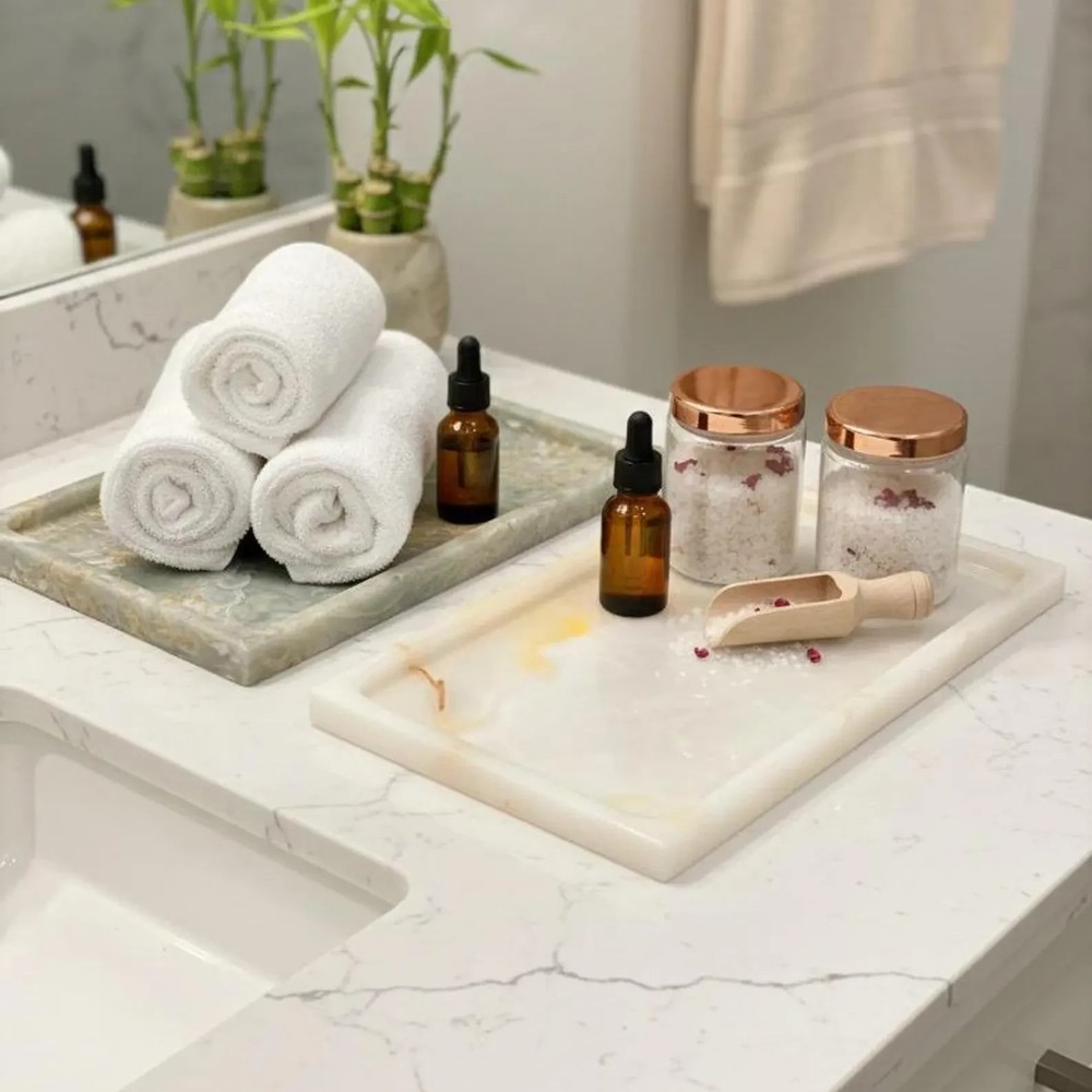Natural Onyx Stone Tray | Rectangular Vanity Organizer Kitchen Decor