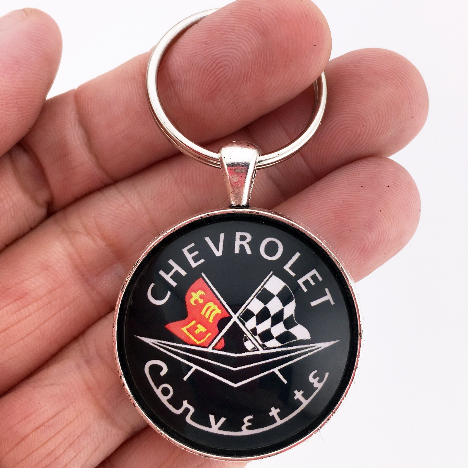 Vintage Chevrolet C2 Corvette Racing Flags Logo Emblem 1.2" Diameter Keychain