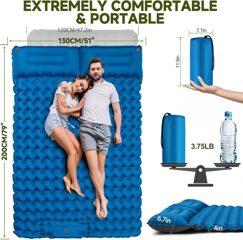 Double Camping Sleeping Pad 4" Extra Thick 2 Person Inflatable Sleeping Pad