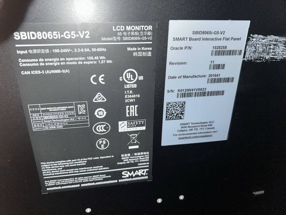 SMART Board 65" Interactive Flat Panel Display SBID8065i‑G5‑V2