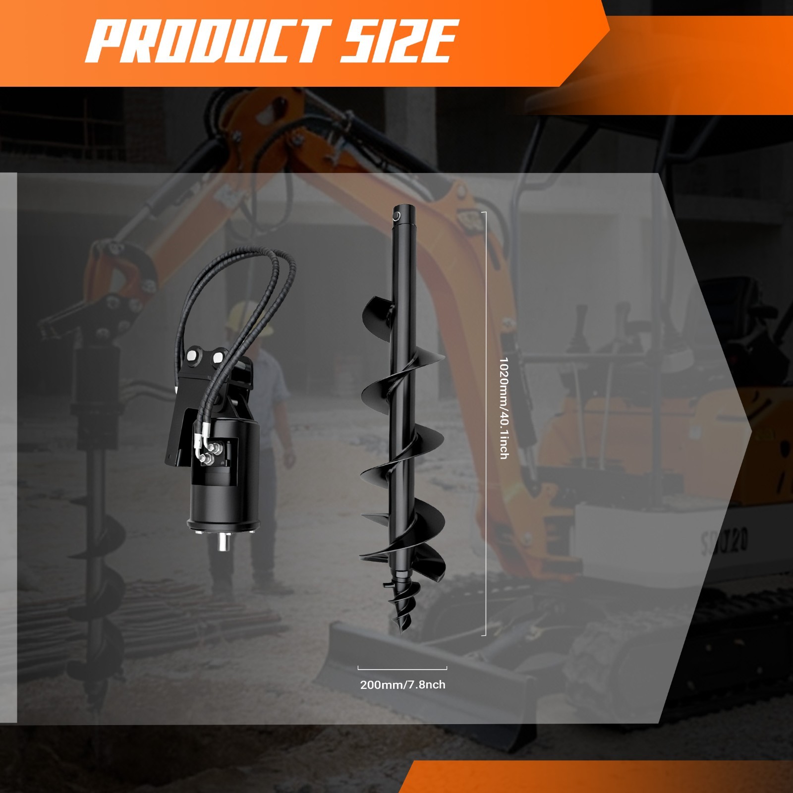 200mm Auger Drill Attachment for 1-1.5 Ton Mini Excavator