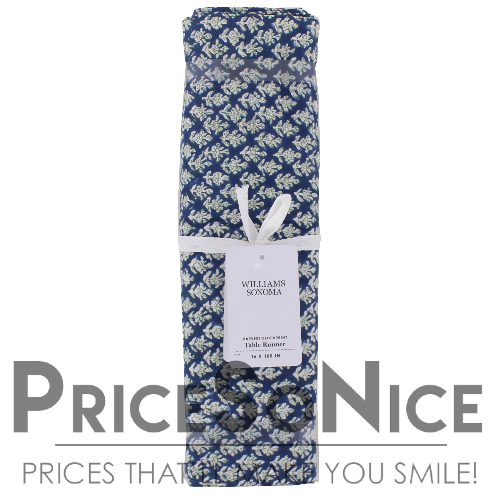 Williams Sonoma Harvest Blockprint Navy Blue Table Runner 16" x 108" MSRP $70