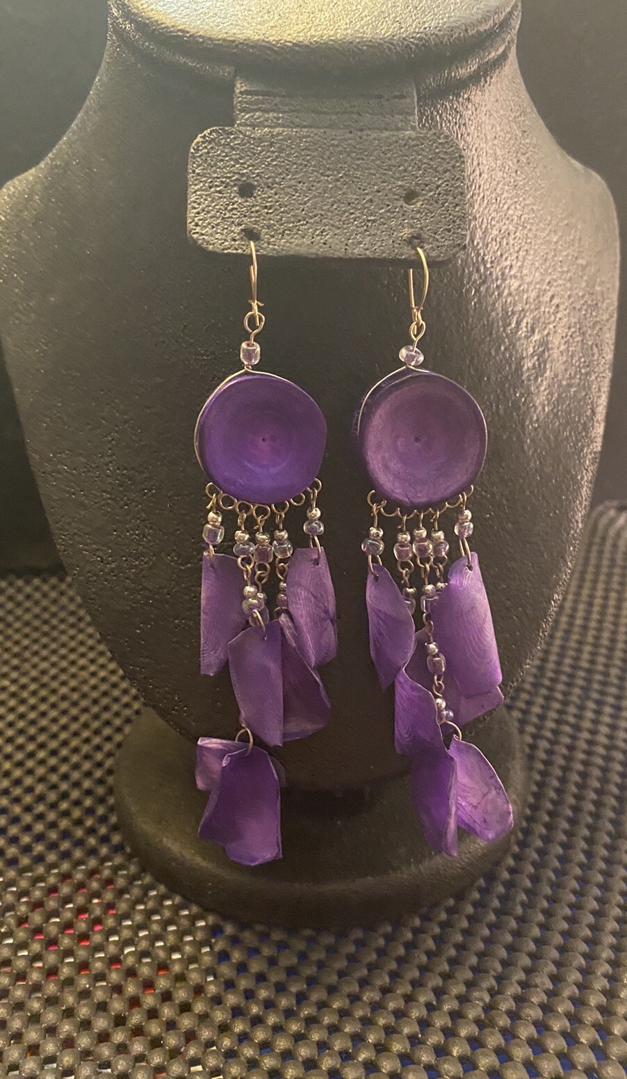 Artisan Purple Scales Leaf Shape On Round Sea Life Discs Dangle Beaded Earrings
