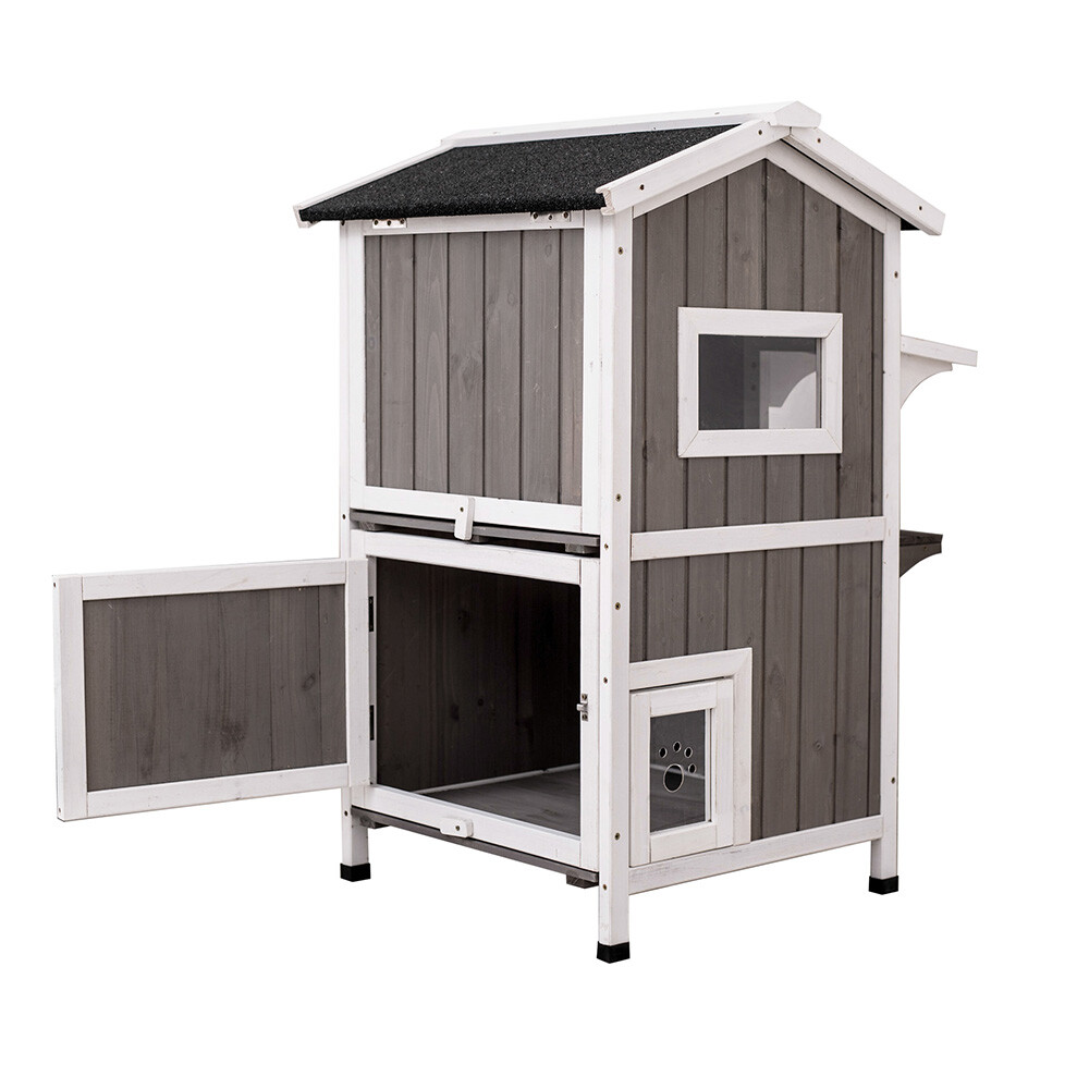 Wooden cat condo outdoor 2-story catio enclosure cat shelter pet house rainproof
