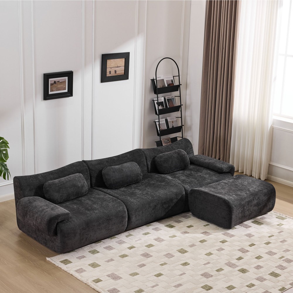 Modular Chenille Sofa 3-Seat Cushion Back Modern Upholstered Sectional, Black