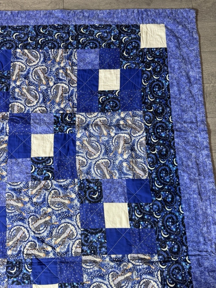 Handmade Modern Quilt Blue Celestial Wizard 9 Square Flannel Back Queen Signed