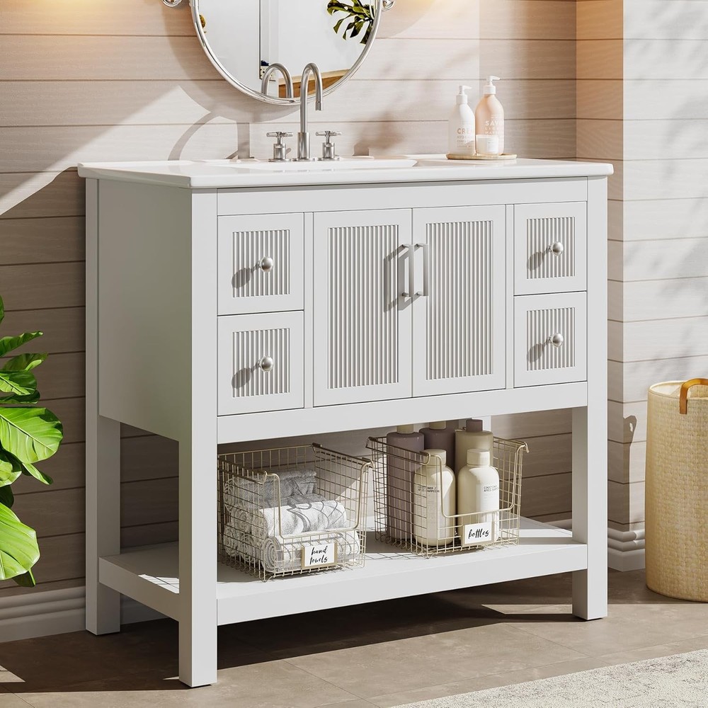 36" Modern Bathroom Vanity with Sink, Solid Wooden Freestanding Vanity Cabinet