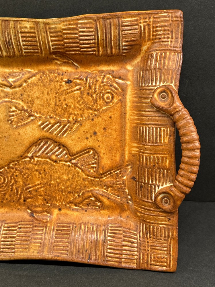 Studio Art Pottery Square Imprinted Fish - Double Handled Serving Tray/Dish