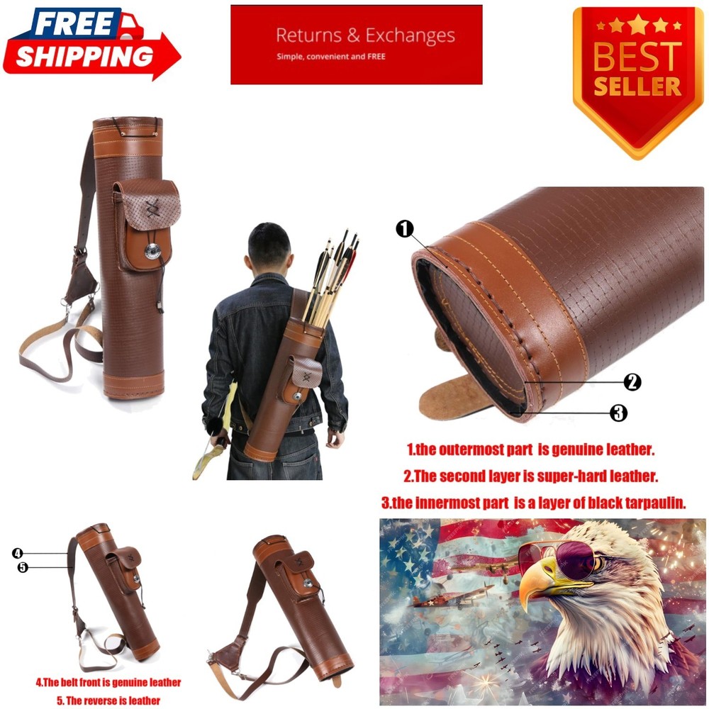 Stylish Brown Leather Arrow Quiver - Compact Design with Multiple Compartments