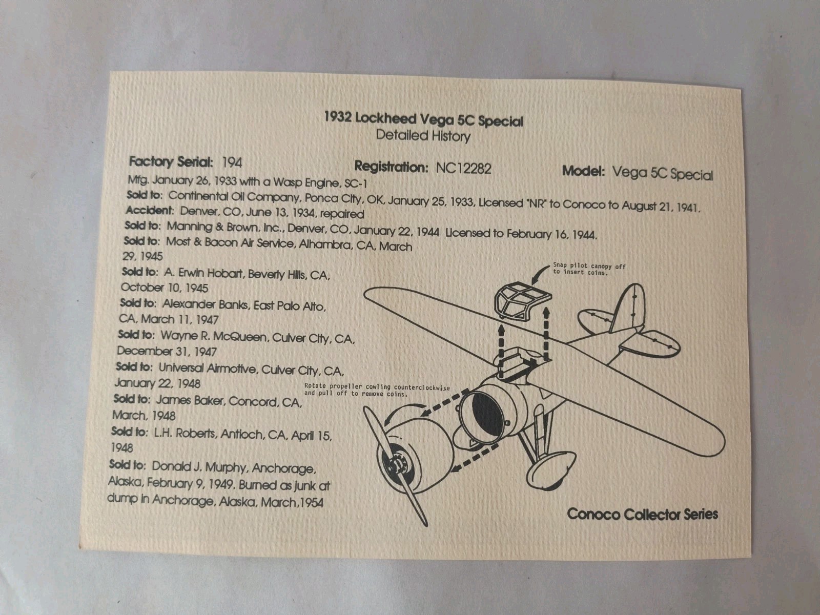 1932 Lockheed Vega 5C Special Conoco Diecast Plane Coin Bank Limited Edition '92