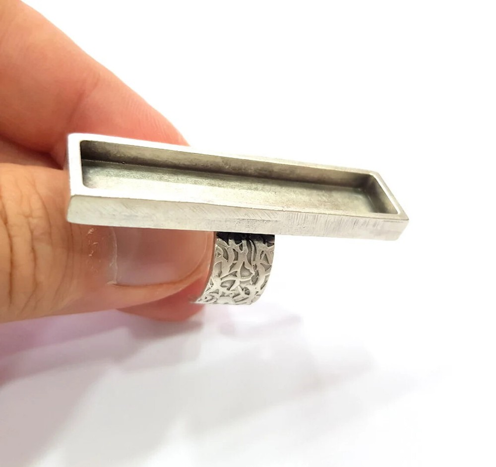 Rectangle Blank Ring Setting Base Bezel inlay Backs Cabochon Adjustable Silver