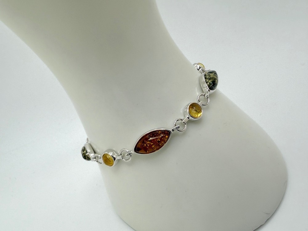 Sterling Silver Multicolor Baltic Amber Link Bracelet