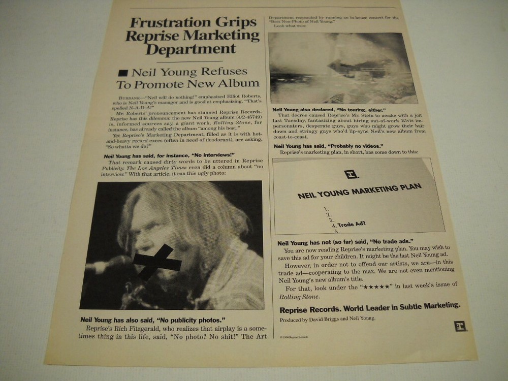 Frustration Grips Reprise NEIL YOUNG Refuses To Promote... 1994 Promo Poster Ad