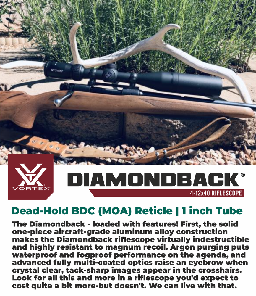 Vortex Diamondback 4-12x40 Riflescope Dead-Hold BDC MOA w/Camo Forest Hat Bundle