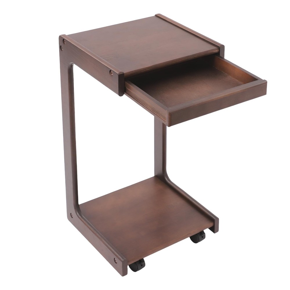 2-Tierd Solid Wood Bedside C-Shaped Side Table w/ Drawer & Lockable Wheels
