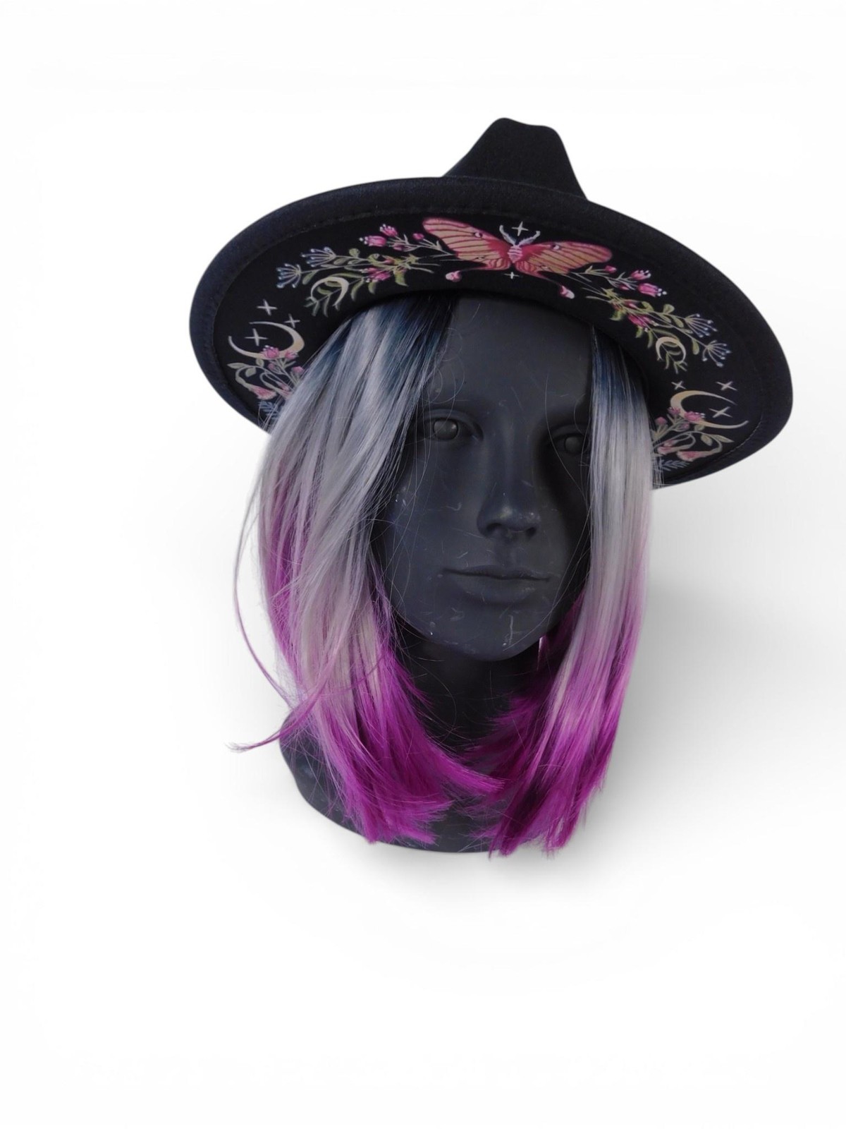 Wide Brim Fedora Hat Womens 7 1/8 Black Embroidered Butterfly Moon Floral Boho