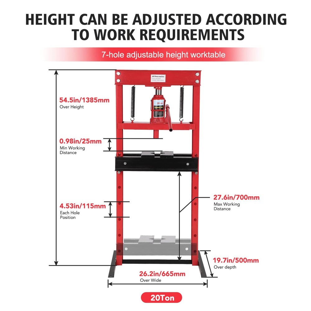 20 Ton Hydraulic Shop Press with Press Plates H-Frame Adjustable Working Table