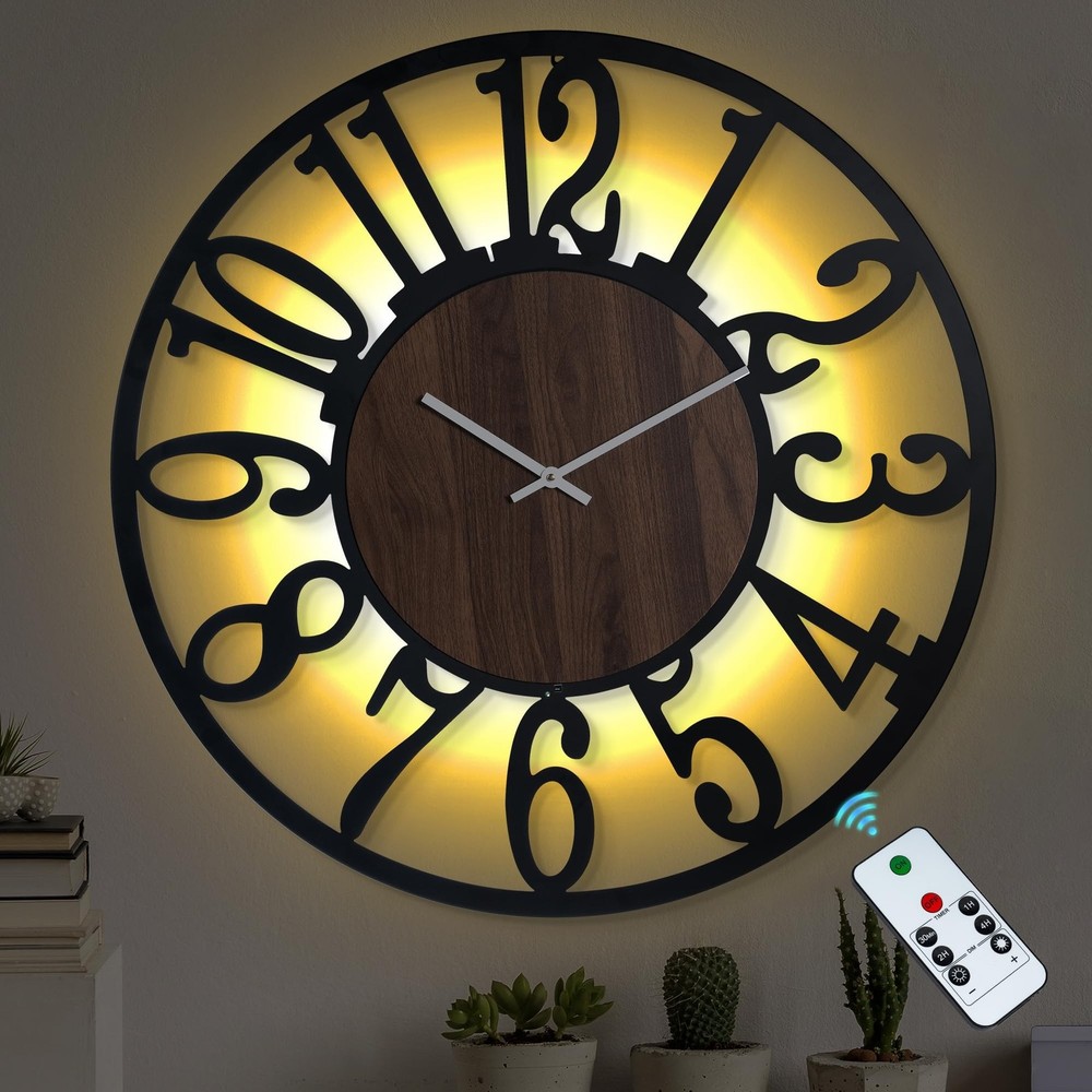 LEIKE Large Wall Clock 32'' Lighted Rustic Wood Clock with Remote Timer, Sile...