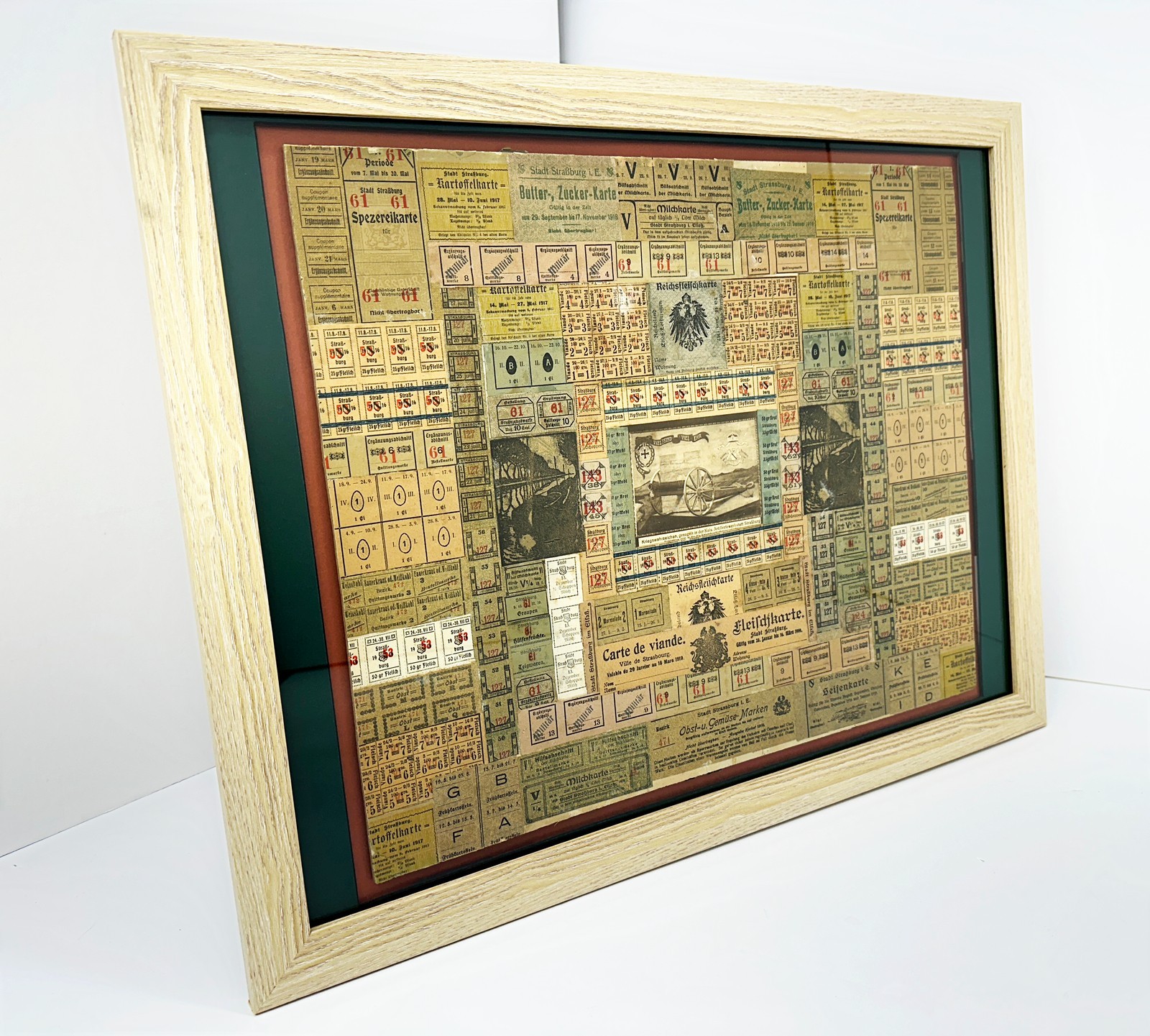 WWI Framed Ration Coupon Collage Folk Art Strasbourg Alsace Germany Trench 1917