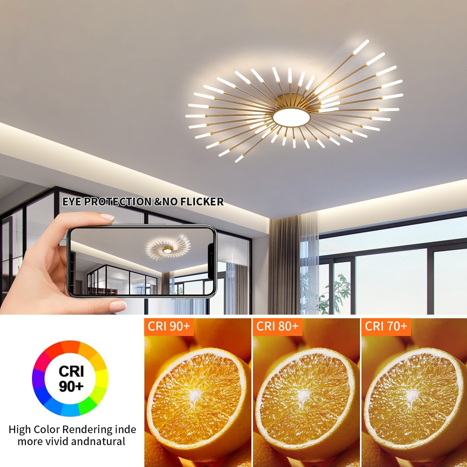 42-Light Fireworks Ceiling Light Modern LED Flush Mount Dimmable APP Remote-Gold