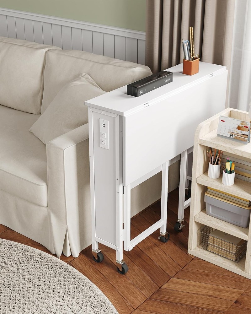 31.5" Modern White Folding Computer Desk W/ Power Outlets, Wheels, Storage