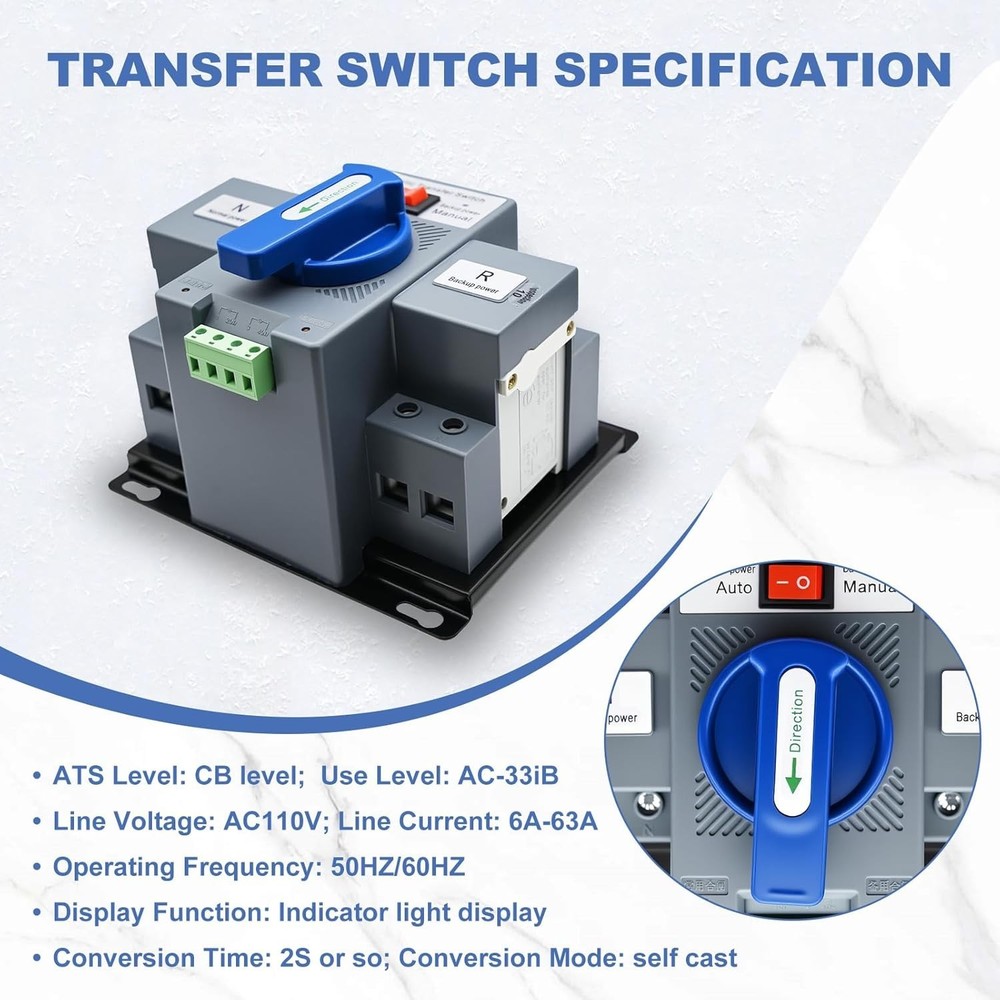 110V Dual Power Automatic Transfer Switch, 2P 63A CE Certified ATS Generator Cha