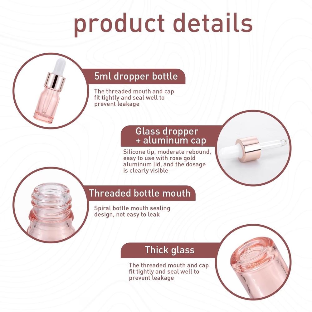 Kesell 8 Pack 5ml Pink Dropper Bottles, Empty Refillable Glass Sample Vials E...