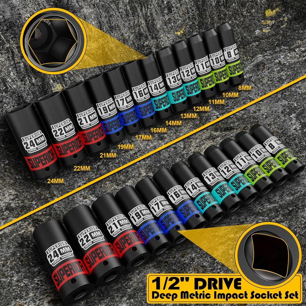 14 Piece 1/2" Drive Impact Socket Set, 8 mm - 22 mm Deep Socket, Metric Socket