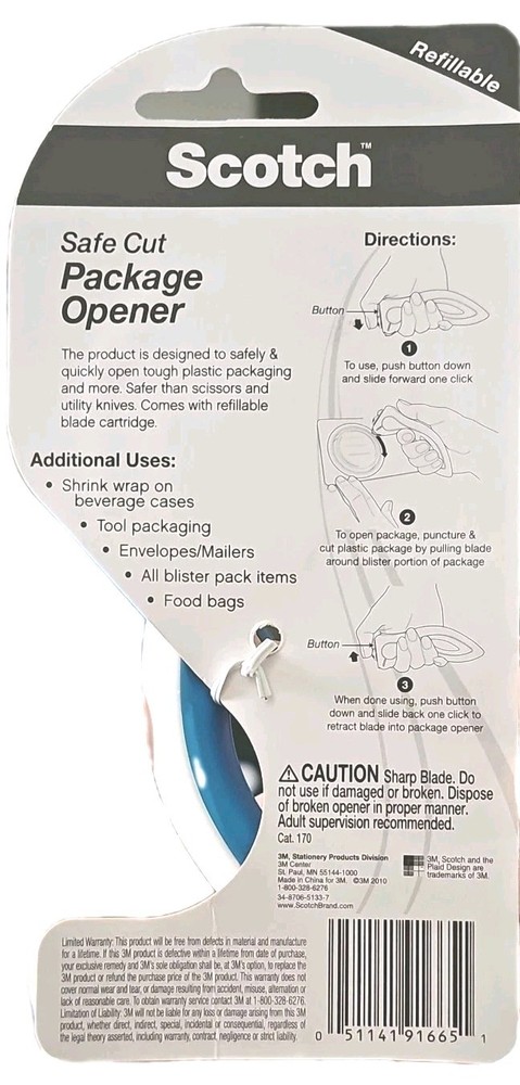 Scotch Safe Cut Package Opener Micro Tip Retractable Blade Blue NEW