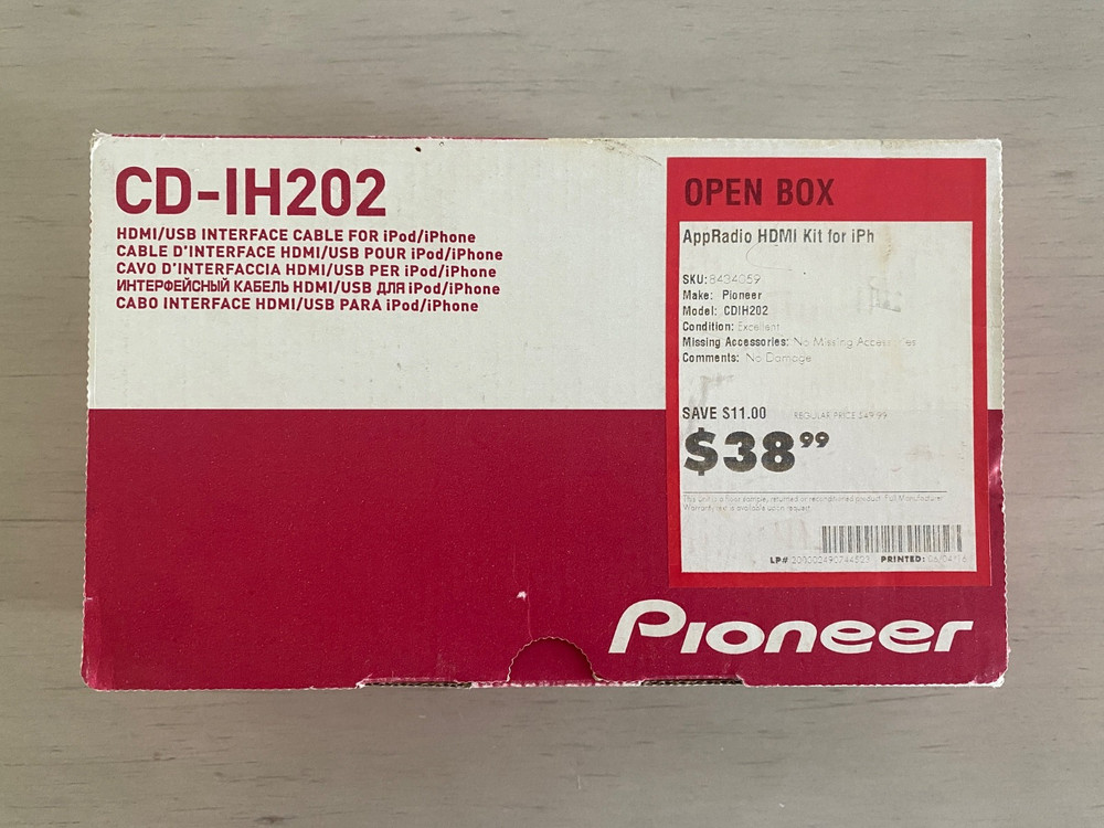 GENUINE PIONEER CD-IH202 HDMI/USB interface Cable for iPod/iPhone - NEW/Open Box