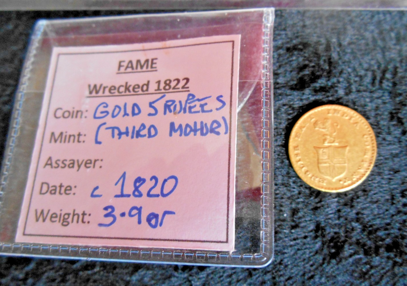 SHIPWRECK treasure GOLD 5 RUPEE coin MOHUR EAST INDIA CO ship FAME wreck 1819/20