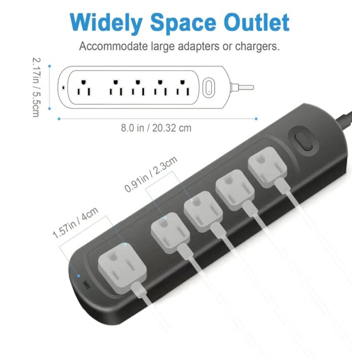 5 AC POWER OUTLET EXTENDER SURGE OVERLOAD PROTECTOR BLACK FLAT PLUG WITH SWITCH