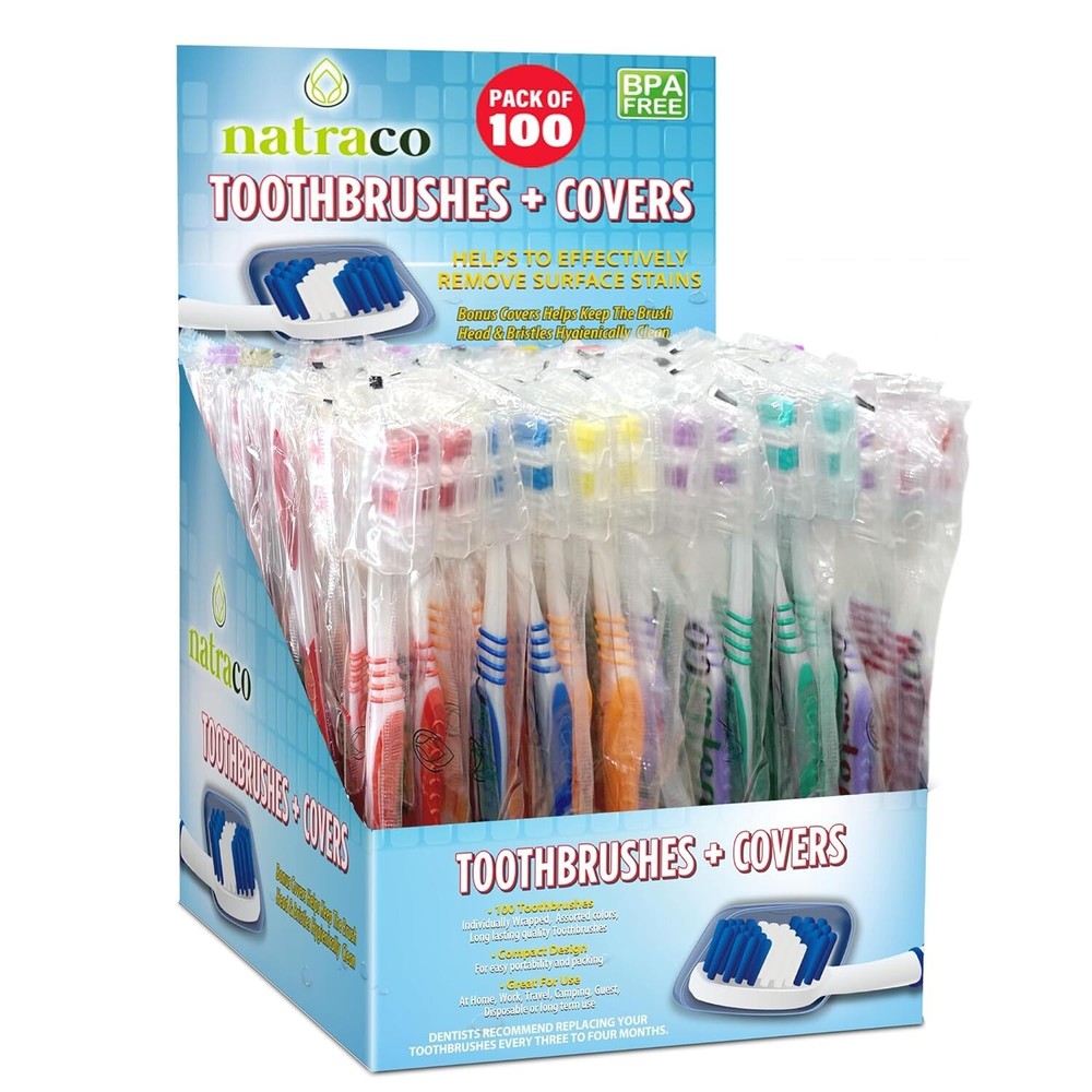 100 Bulk Toothbrushes + Caps, Individually Wrapped, Medium Soft, Multi Colors