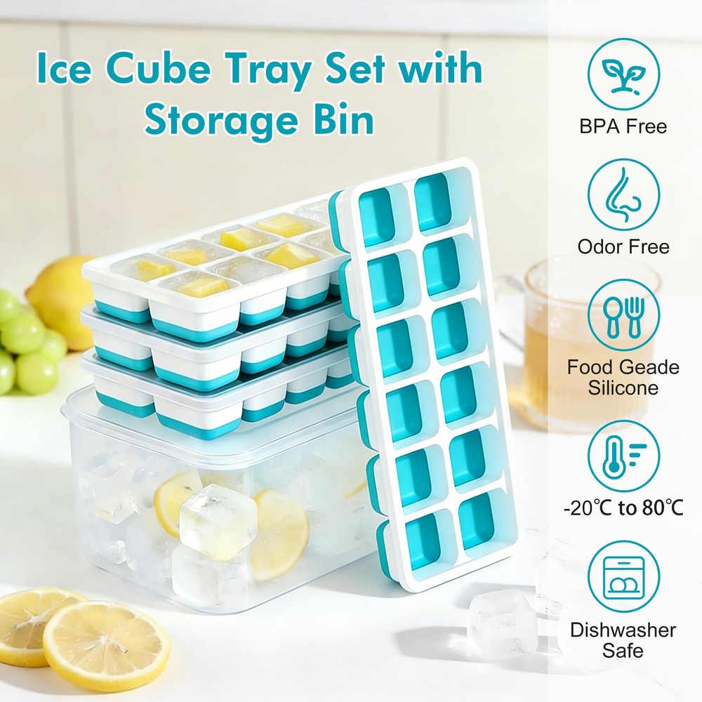 NFK Ice Cube Tray with Lid & Bin - 4 Pack Stackable Silicone Trays for Blue