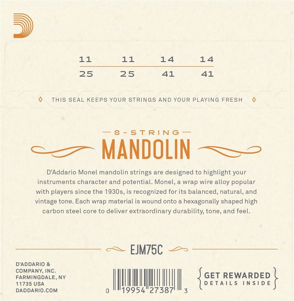 D'Addario Mandolin Strings Monel Medium Plus 11-41 Loop End