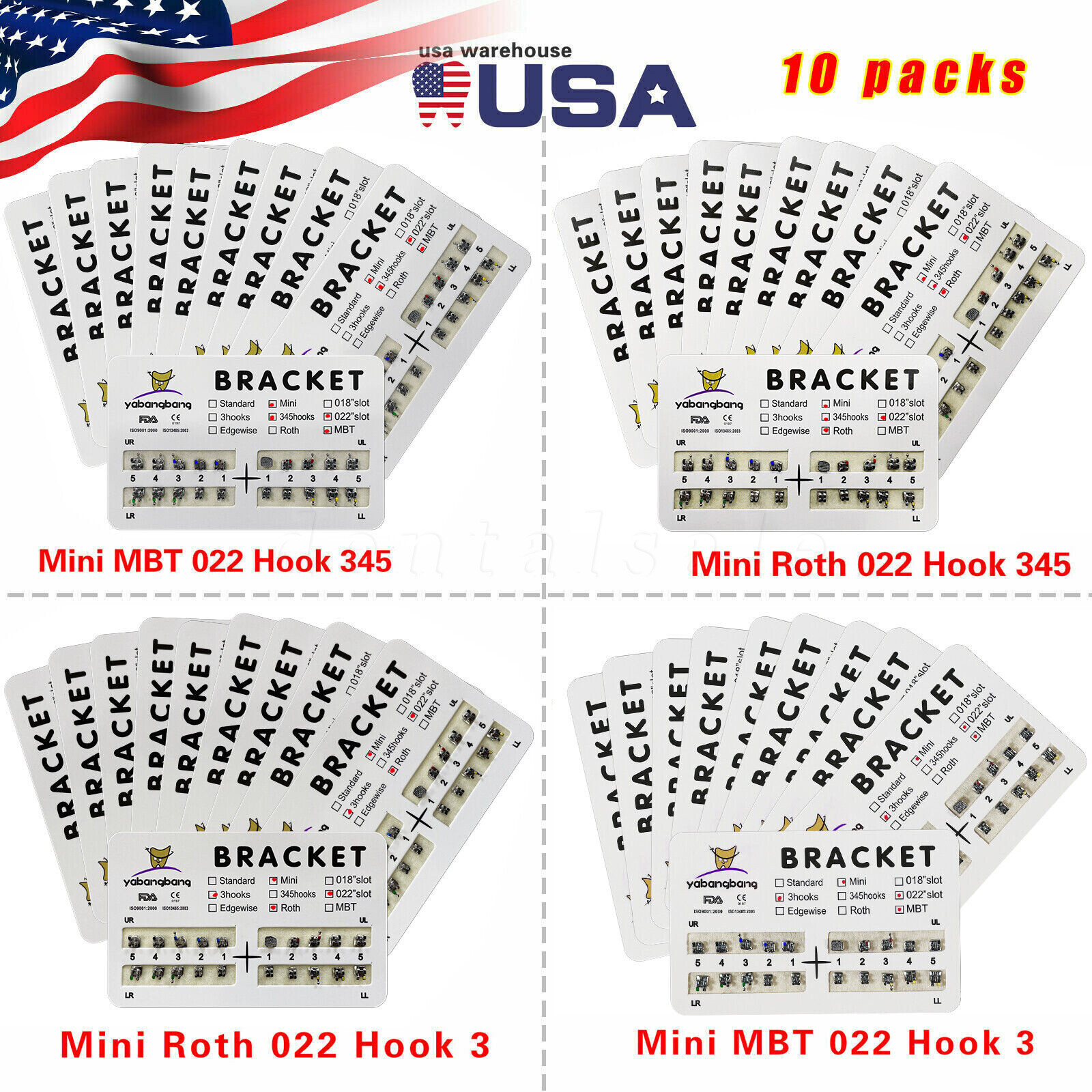 200pcs Dental Orthodontic Bracket Braces Roth/MBT 022" Slot 3/345 hooks Metal US