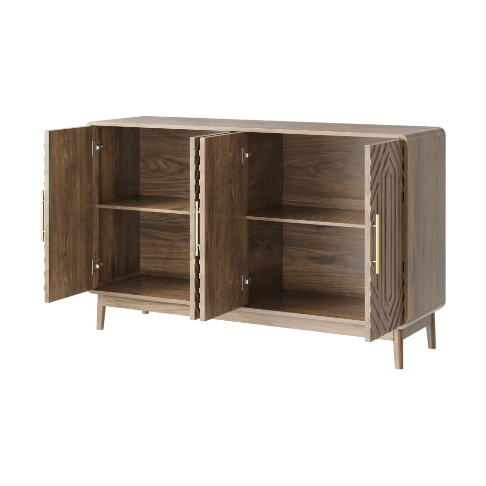 Sideboard with carved doors, storage compartments, and adjustable shelves