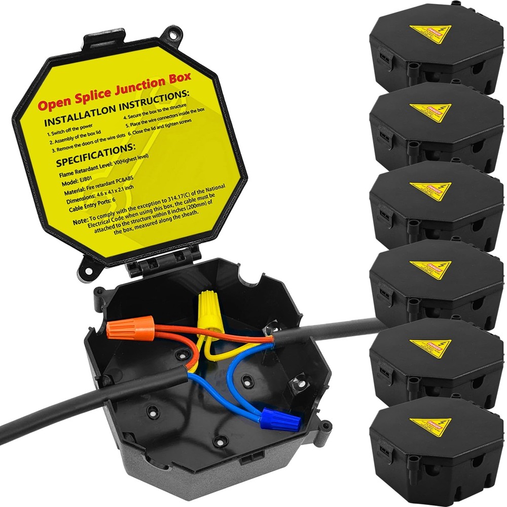 MIARALA Black Open Splice Junction Box (6 Pack), 6 pack,