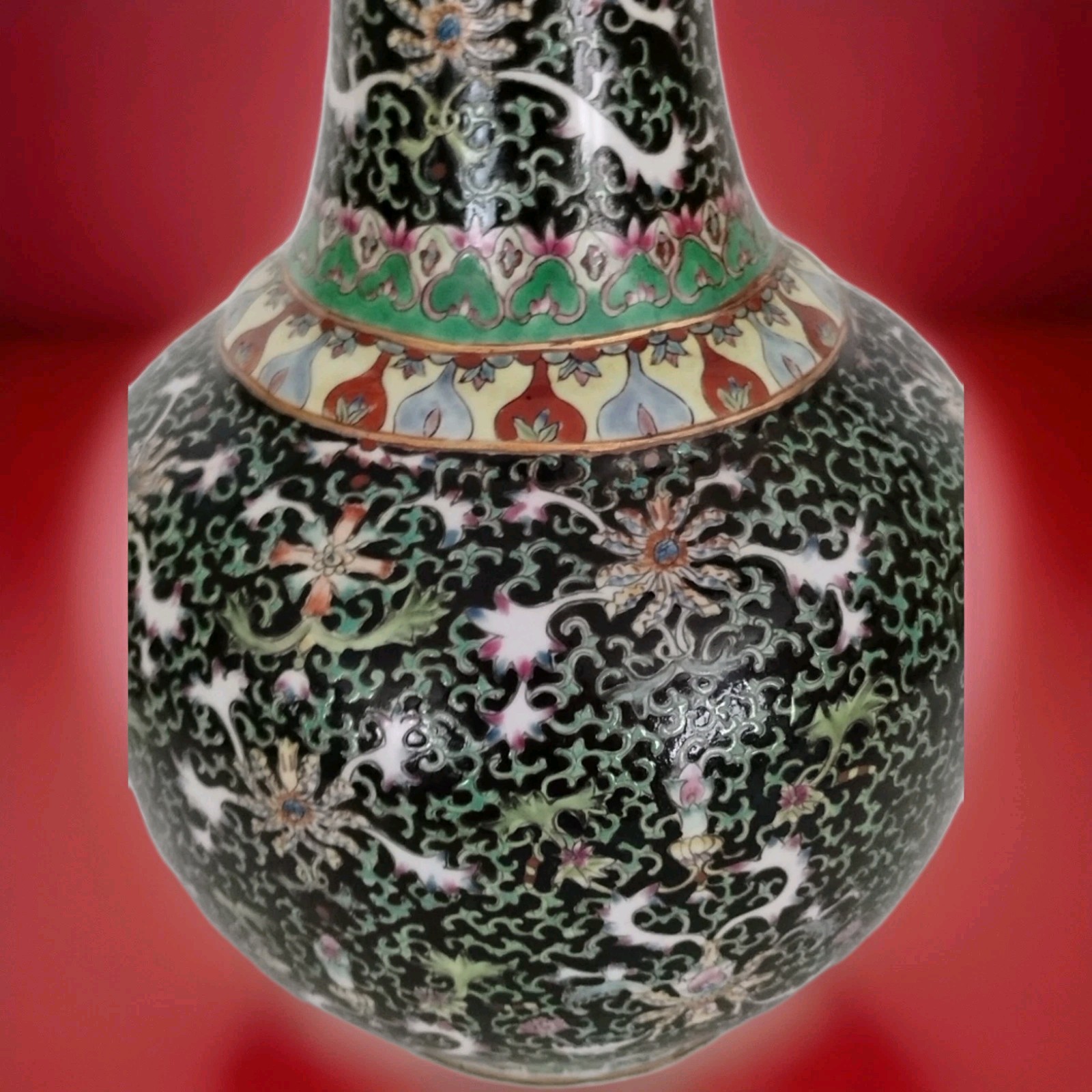 CHINESE BLACK PORCELAIN VASE 14" FLORAL FAMILLE NOIRE STYLE