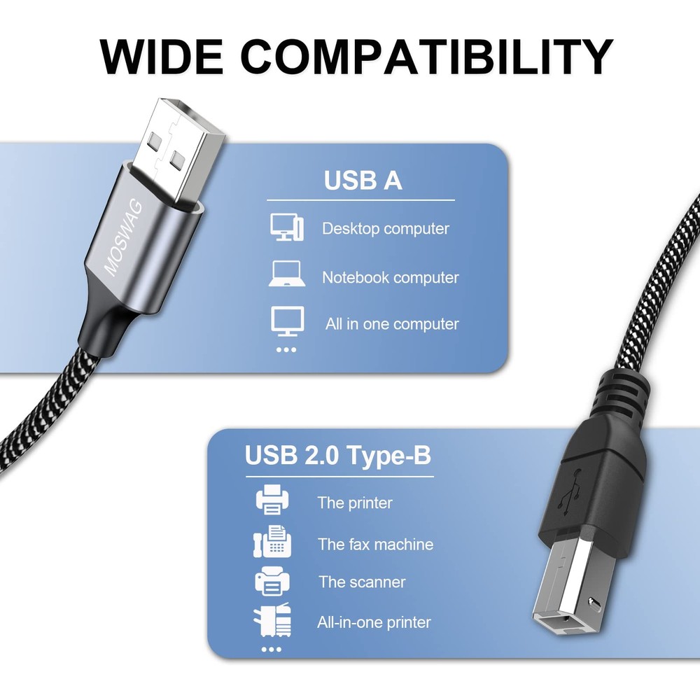 MOSWAG USB Printer Cable 10FT/3Meter Scanner 10FT/3Meter, Black