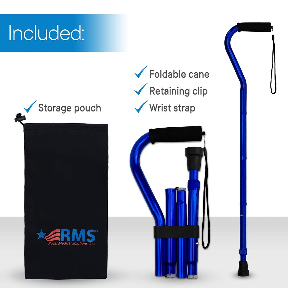 RMS Folding Cane with Offset Foam Handle, Adjustable Walking Stick Blue