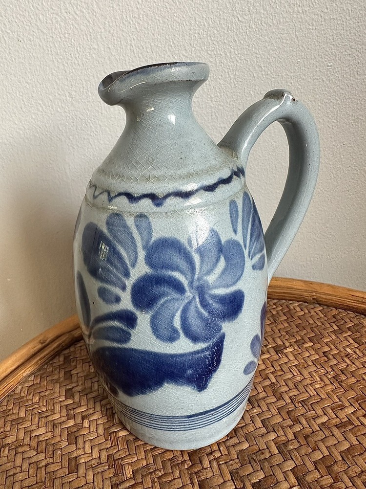 Blue Floral Handmade Pitcher Signed