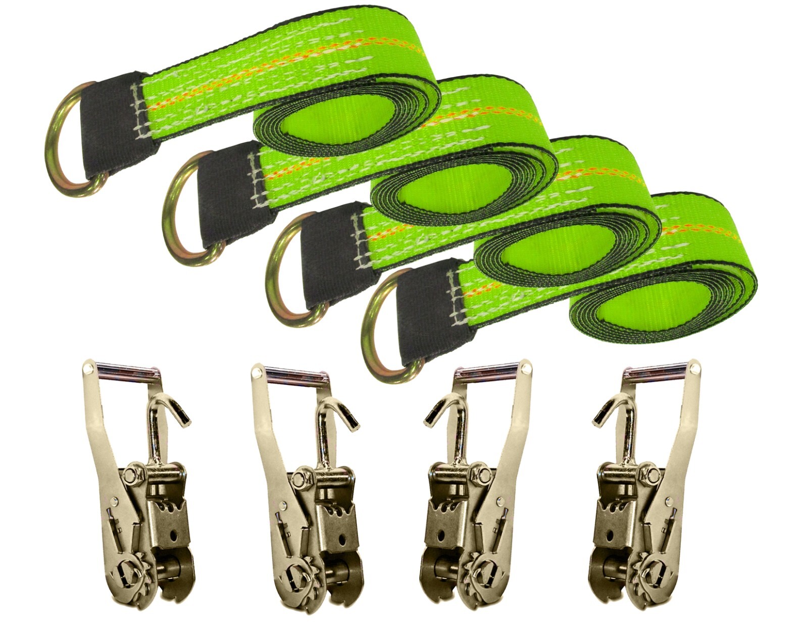 USA 8pc Green 8' Lasso Strap 2" Ratchet w/ Finger Hook Tow Truck Tire Wheel Tie