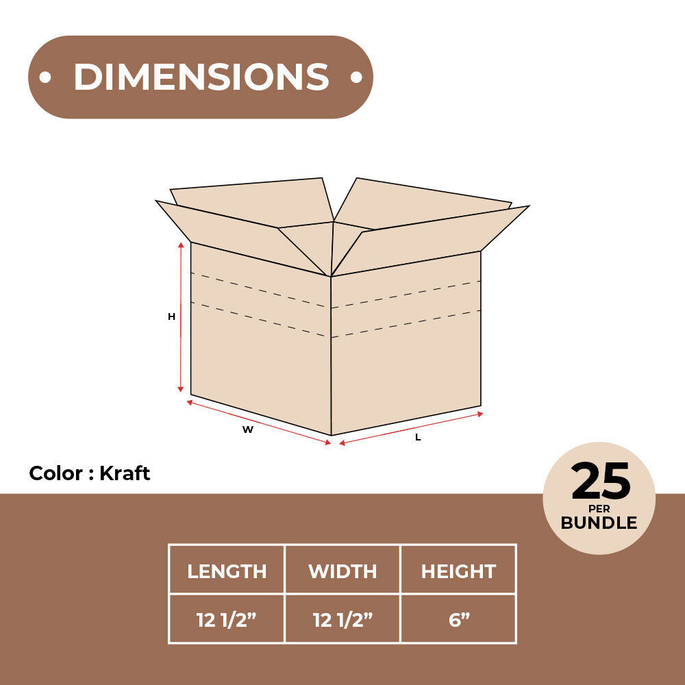 12 1/2 x 12 1/2 x 6" Multi-Depth Corrugated Boxes, Brown 25/Bundle ECT-32