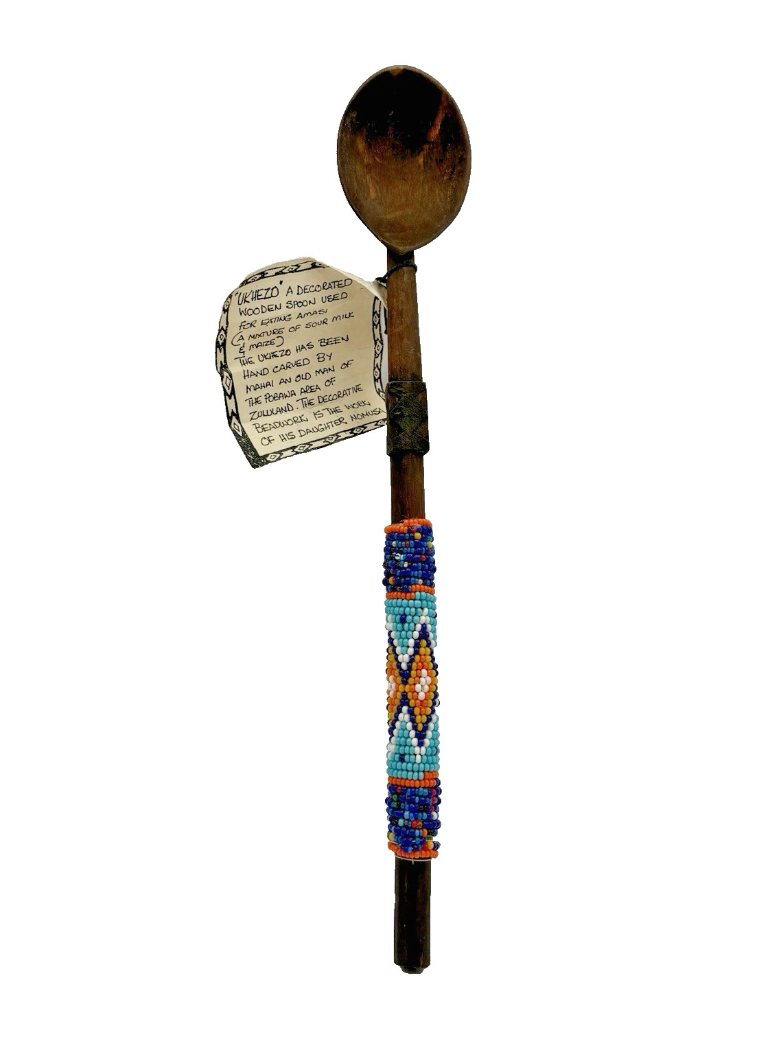 African Zululand Ukhezo Beaded Spoon South Africa 12" L - New w/ Tag - Handmade