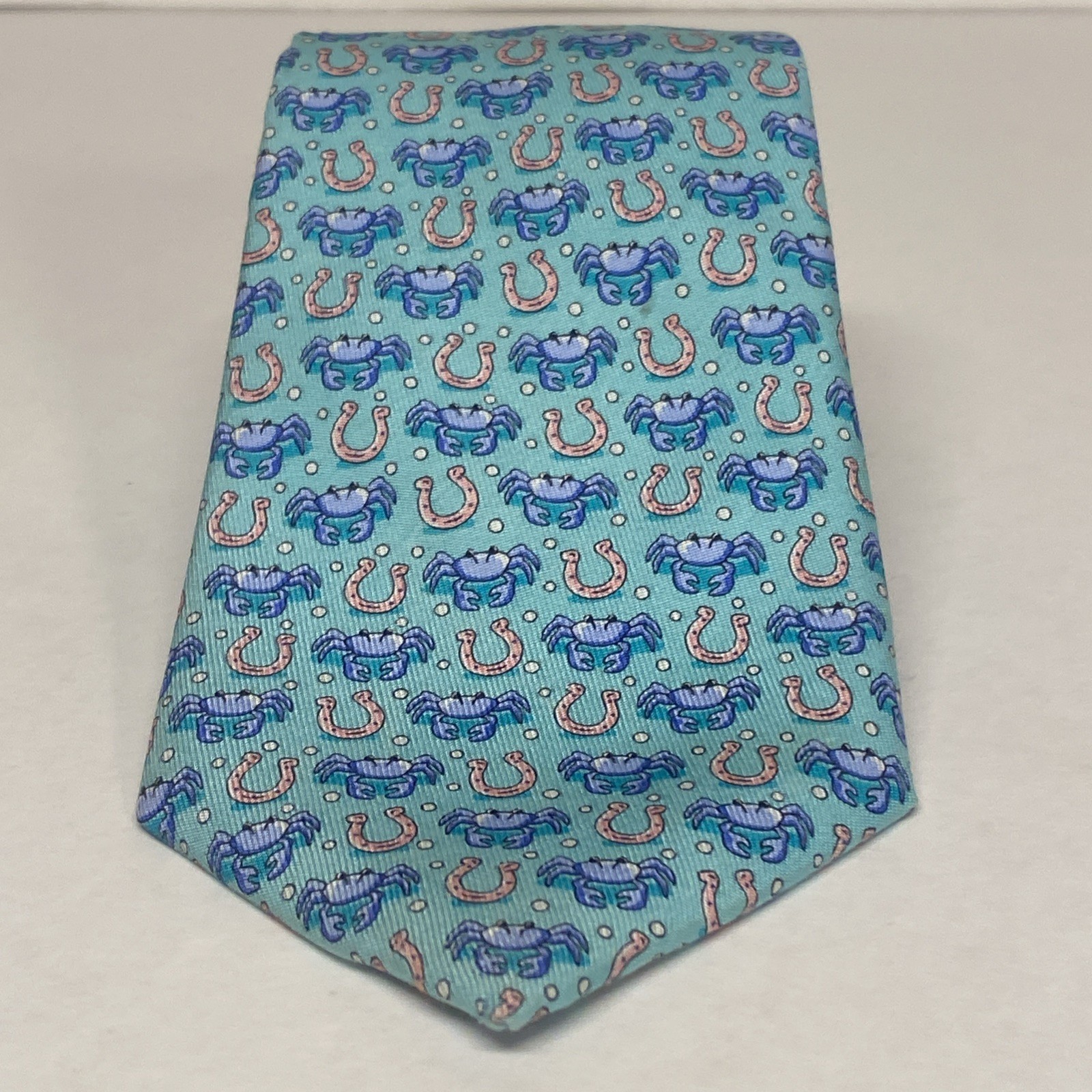 Vineyard Vines Boys Teal Blue Repp Silk Tie Lucky Horse Shoe Crabs 49.5” USA E2