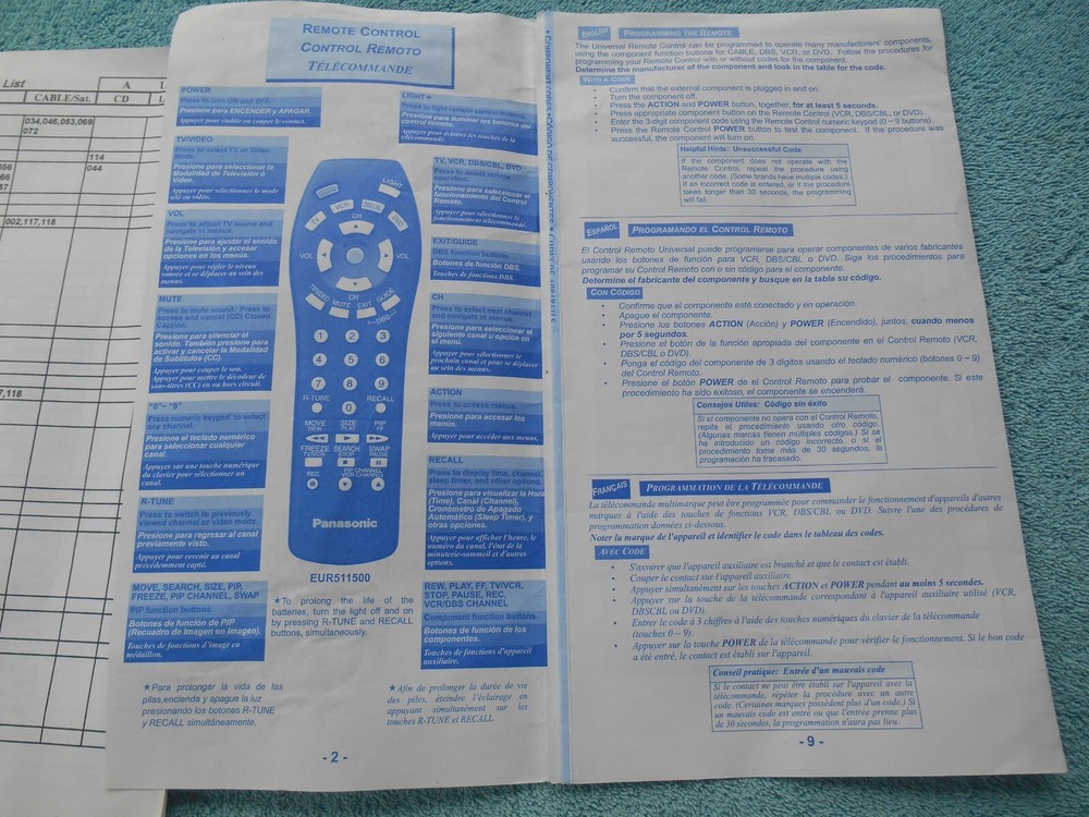 VINTAGE PANASONIC EUR511500 UNIVERSAL REMOTE CONTROL REFERENCE GUIDE & CODE LIST